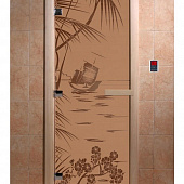 Стеклянная дверь для бани и сауны с рисунком ГОЛУБАЯ ЛАГУНА, коробка осина, бронза матовая, 8 мм, 3 петли хром, квадратные 1900х800 мм (по коробке) фото товара