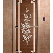 Стеклянная дверь для бани и сауны с рисунком РОЗЫ, коробка осина, бронза, 8 мм, 3 петли хром, квадратные 1900х800 мм (по коробке) фото товара