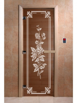 Стеклянная дверь для бани и сауны с рисунком РОЗЫ, коробка осина, бронза, 8 мм, 3 петли хром, квадратные 1900х800 мм (по коробке) фотография