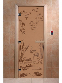 Стеклянная дверь для бани и сауны с рисунком КАМЫШОВЫЙ РАЙ, коробка осина, бронза матовая, 8 мм, 3 петли хром, квадратные 1900х800 мм (по коробке) фотография