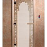 Стеклянная дверь для бани и сауны с рисунком ВОСТОЧНАЯ АРКА, коробка осина, сатин, 8 мм, 3 петли хром, квадратные 1900х800 мм (по коробке) фото товара