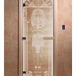 Стеклянная дверь для бани и сауны с рисунком ЕГИПЕТ, коробка осина, прозрачная, 8 мм, 3 петли хром, квадратные 2000х800 мм (по коробке) фото товара