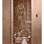 Стеклянная дверь для бани и сауны с рисунком ДЖЕНИФЕР, коробка осина, бронза, 8 мм, 3 петли хром, квадратные 1900х700 мм (по коробке) фото товара
