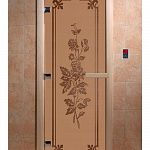 Стеклянная дверь для бани и сауны с рисунком РОЗЫ, коробка осина, бронза матовая, 8 мм, 3 петли хром, квадратные 1900х800 мм (по коробке) фото товара
