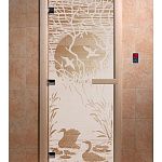 Стеклянная дверь для бани и сауны с рисунком ЛЕБЕДИНОЕ ОЗЕРО, коробка осина, сатин, 8 мм, 3 петли хром, квадратные 1900х800 мм (по коробке) фото товара