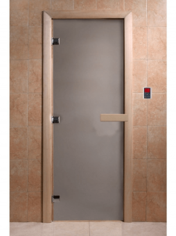 Дверь для сауны и бани стеклянная, короб осина, сатин, 8 мм, 3 петли хром квадратные, 2000х800 мм (по коробке) фотография