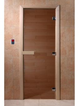 Дверь для сауны и бани стеклянная, короб осина, бронза, 8 мм, 3 петли хром квадратные, 1700х700 мм (по коробке) фотография
