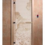 Стеклянная дверь для бани и сауны с рисунком БАНЬКА В ЛЕСУ, коробка осина, сатин, 8 мм, 3 петли хром, квадратные 1900х700 мм (по коробке) фото товара