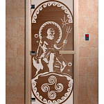 Стеклянная дверь для бани и сауны с рисунком ПОСЕЙДОН, коробка осина, бронза, 8 мм, 3 петли хром, квадратные 1900х800 мм (по коробке) фото товара