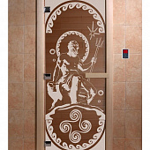 Стеклянная дверь для бани и сауны с рисунком ПОСЕЙДОН, коробка осина, бронза, 8 мм, 3 петли хром, квадратные 2000х800 мм (по коробке) фото товара