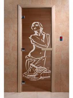 Стеклянная дверь для бани и сауны с рисунком ИСКУШЕНИЕ, коробка осина, бронза, 8 мм, 3 петли хром, квадратные 1900х800 мм (по коробке) фотография