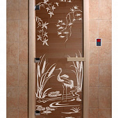 Стеклянная дверь для бани и сауны с рисунком КАМЫШОВЫЙ РАЙ, коробка осина, бронза, 8 мм, 3 петли хром, квадратные 2000х800 мм (по коробке) фото товара