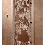 Стеклянная дверь для бани и сауны с рисунком БЕРЕЗКА, коробка осина, бронза, 8 мм, 3 петли хром, квадратные 1900х800 мм (по коробке) фото товара