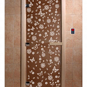 Стеклянная дверь для бани и сауны с рисунком ЦВЕТЫ И БАБОЧКИ, коробка осина, бронза, 8 мм, 3 петли хром, квадратные 1800х800 мм (по коробке) фото товара