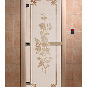 Стеклянная дверь для бани и сауны с рисунком РОЗЫ, коробка осина, сатин, 8 мм, 3 петли хром, квадратные 1900х700 мм (по коробке) фото товара