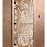 Стеклянная дверь для бани и сауны с рисунком ГОРЯЧИЙ ПАР, коробка осина, прозрачная, 8 мм, 3 петли хром, квадратные 1900х700 мм (по коробке) фото товара