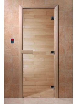 Дверь для сауны и бани стеклянная, короб осина, прозрачная, 8 мм, 3 петли хром квадратные, 2100х900 мм (по коробке) фотография