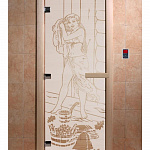 Стеклянная дверь для бани и сауны с рисунком ДЖЕНИФЕР, коробка осина, сатин, 8 мм, 3 петли хром, квадратные 1900х700 мм (по коробке) фото товара