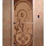Стеклянная дверь для бани и сауны с рисунком ПОСЕЙДОН, коробка осина, бронза матовая, 8 мм, 3 петли хром, квадратные 1900х800 мм (по коробке) фото товара