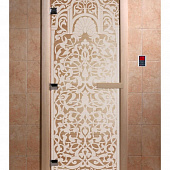 Стеклянная дверь для бани и сауны с рисунком ФЛОРЕНЦИЯ, коробка осина, прозрачная, 8 мм, 3 петли хром, квадратные 1800х800 мм (по коробке) фото товара