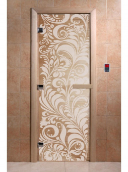 Стеклянная дверь для бани и сауны с рисунком ХОХЛОМА, коробка осина, прозрачная, 8 мм, 3 петли хром, квадратные 2000х800 мм (по коробке) фотография
