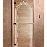Стеклянная дверь для бани и сауны с рисунком АРКА, коробка осина, прозрачная, 8 мм, 3 петли хром, квадратные 1800х800 мм (по коробке) фото товара