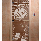 Стеклянная дверь для бани и сауны с рисунком ЛЕБЕДИНОЕ ОЗЕРО, коробка осина, бронза, 8 мм, 3 петли хром, квадратные 1900х700 мм (по коробке) фото товара