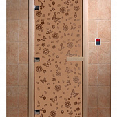 Стеклянная дверь для бани и сауны с рисунком ЦВЕТЫ И БАБОЧКИ, коробка осина, бронза матовая, 8 мм, 3 петли хром, квадратные 1800х800 мм (по коробке) фото товара