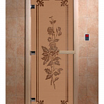 Стеклянная дверь для бани и сауны с рисунком РОЗЫ, коробка осина, бронза матовая, 8 мм, 3 петли хром, квадратные 1900х700 мм (по коробке) фото товара