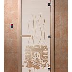 Стеклянная дверь для бани и сауны с рисунком БАНЬКА, коробка осина, сатин, 8 мм, 3 петли хром, квадратные 1900х700 мм (по коробке) фото товара