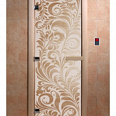 Стеклянная дверь для бани и сауны с рисунком ХОХЛОМА, коробка осина, сатин, 8 мм, 3 петли хром, квадратные 1800х800 мм (по коробке) фото товара