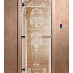 Стеклянная дверь для бани и сауны с рисунком ЕГИПЕТ, коробка осина, прозрачная, 8 мм, 3 петли хром, квадратные 1900х700 мм (по коробке) фото товара