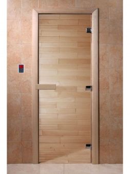 Дверь для сауны и бани стеклянная, короб осина, прозрачная, 8 мм, 3 петли хром квадратные, 1900х700 мм (по коробке) фотография