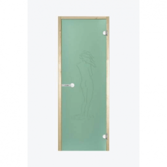 Дверь Harvia STG 8×19 коробка сосна, стекло зеленое «Фигура» фотография