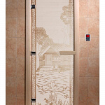 Стеклянная дверь для бани и сауны с рисунком БАНЬКА В ЛЕСУ, коробка осина, сатин, 8 мм, 3 петли хром, квадратные 1800х800 мм (по коробке) фото товара