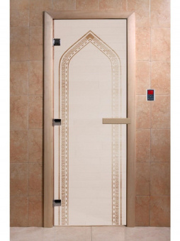 Стеклянная дверь для бани и сауны с рисунком АРКА, коробка осина, сатин, 8 мм, 3 петли хром, квадратные 1800х800 мм (по коробке) фотография