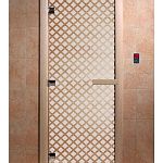Стеклянная дверь для бани и сауны с рисунком МИРАЖ, коробка осина, сатин, 8 мм, 3 петли хром, квадратные 2000х800 мм (по коробке) фото товара