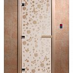 Стеклянная дверь для бани и сауны с рисунком ЦВЕТЫ И БАБОЧКИ, коробка осина, сатин, 8 мм, 3 петли хром, квадратные 1900х700 мм (по коробке) фото товара