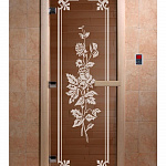 Стеклянная дверь для бани и сауны с рисунком РОЗЫ, коробка осина, бронза, 8 мм, 3 петли хром, квадратные 1800х800 мм (по коробке) фото товара