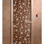 Стеклянная дверь для бани и сауны с рисунком ЦВЕТЫ И БАБОЧКИ, коробка осина, бронза, 8 мм, 3 петли хром, квадратные 1900х800 мм (по коробке) фото товара