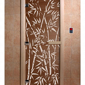 Стеклянная дверь для бани и сауны с рисунком БАМБУК И БАБОЧКИ, коробка осина, бронза, 8 мм, 3 петли хром, квадратные 1800х800 мм (по коробке) фото товара