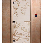 Стеклянная дверь для бани и сауны с рисунком КАМЫШОВЫЙ РАЙ, коробка осина, сатин, 8 мм, 3 петли хром, квадратные 2000х800 мм (по коробке) фото товара
