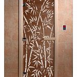 Стеклянная дверь для бани и сауны с рисунком БАМБУК И БАБОЧКИ, коробка осина, бронза, 8 мм, 3 петли хром, квадратные 2000х800 мм (по коробке) фото товара