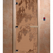 Стеклянная дверь для бани и сауны с рисунком БЕРЕЗА, коробка осина, бронза матовая, 8 мм, 3 петли хром, квадратные 1800х800 мм (по коробке) фото товара