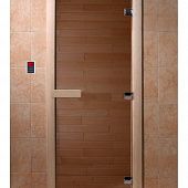 Дверь для сауны и бани стеклянная, короб осина, бронза, 8 мм, 3 петли хром квадратные, 2000х700 мм (по коробке) фото товара