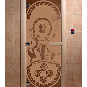 Стеклянная дверь для бани и сауны с рисунком ПОСЕЙДОН, коробка осина, бронза матовая, 8 мм, 3 петли хром, квадратные 1900х700 мм (по коробке) фото товара