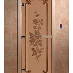 Стеклянная дверь для бани и сауны с рисунком РОЗЫ, коробка осина, бронза матовая, 8 мм, 3 петли хром, квадратные 1800х800 мм (по коробке) фото товара