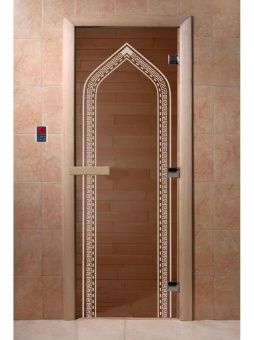 Стеклянная дверь для бани и сауны с рисунком АРКА, коробка осина, бронза, 8 мм, 3 петли хром, квадратные 2000х800 мм (по коробке) фотография
