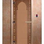 Стеклянная дверь для бани и сауны с рисунком ВОСТОЧНАЯ АРКА, коробка осина, бронза матовая, 8 мм, 3 петли хром, квадратные 1800х800 мм (по коробке) фото товара