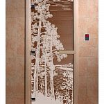 Стеклянная дверь для бани и сауны с рисунком РАССВЕТ, коробка осина, бронза, 8 мм, 3 петли хром, квадратные 1900х800 мм (по коробке) фото товара